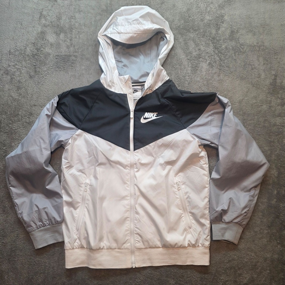 Nike Windbreaker Jacket Kids L Gray Black Colorblock Hooded Full Zip Running